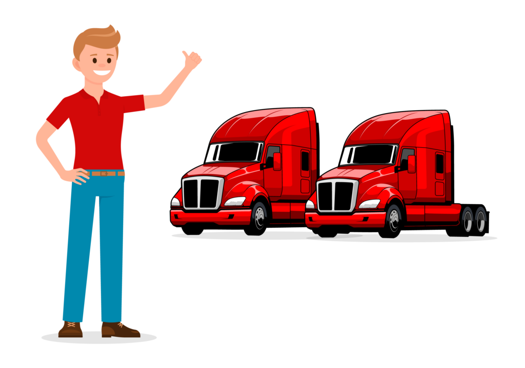 Ken giving thumbs up in front of 2 red semi trucks